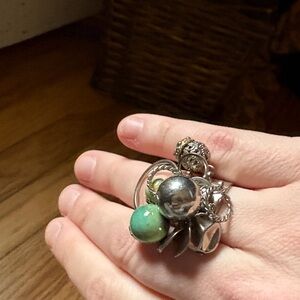 Cool Chunky Silver and Green Charm Ring Set